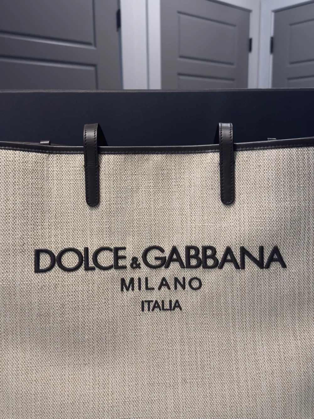 Dolce & Gabbana Large Shopping Beige Canvas Tote with Dark Brown Trim